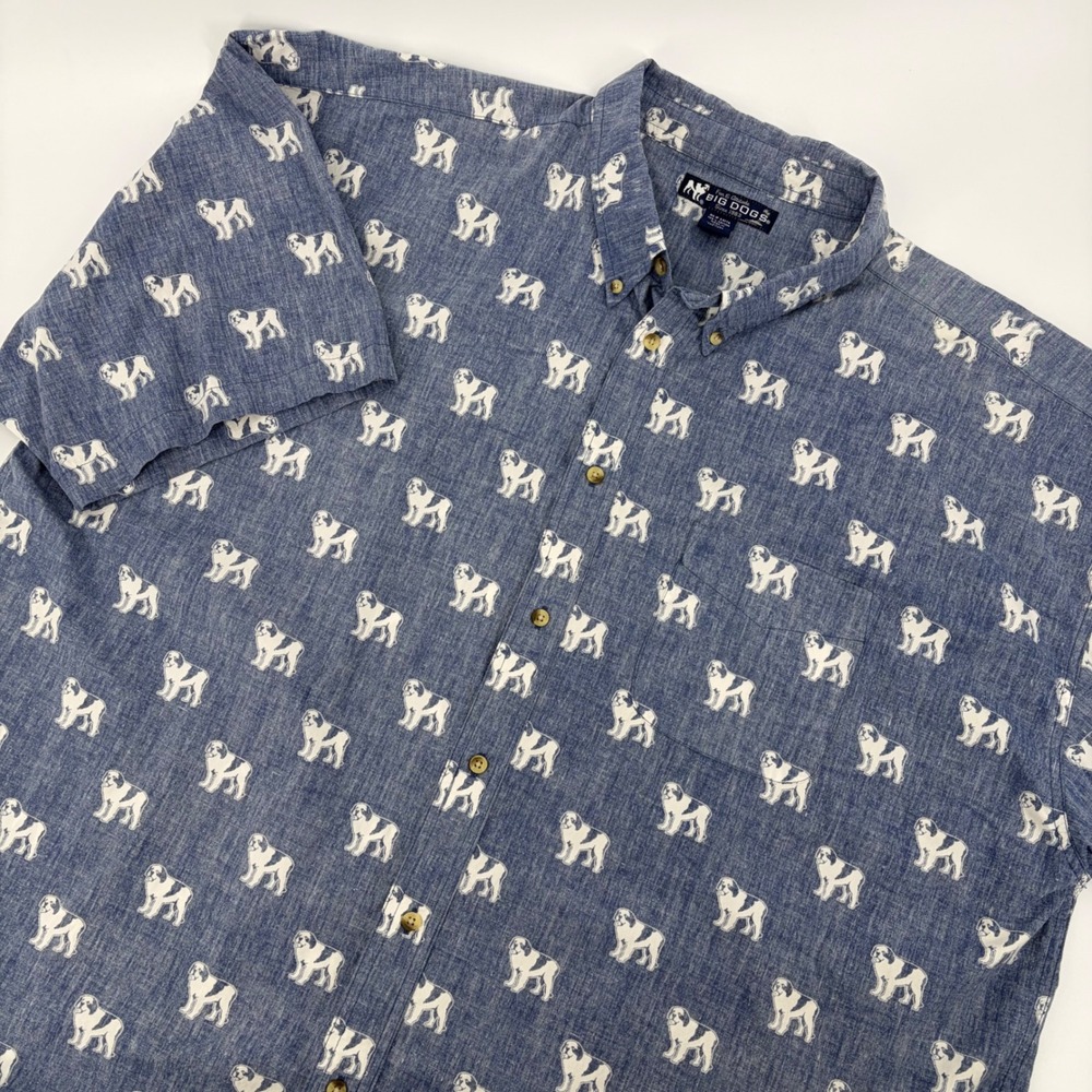 Big Dogs Button Down Shirt Mens 4X Blue Reverse Print Saint Bernard Novelty